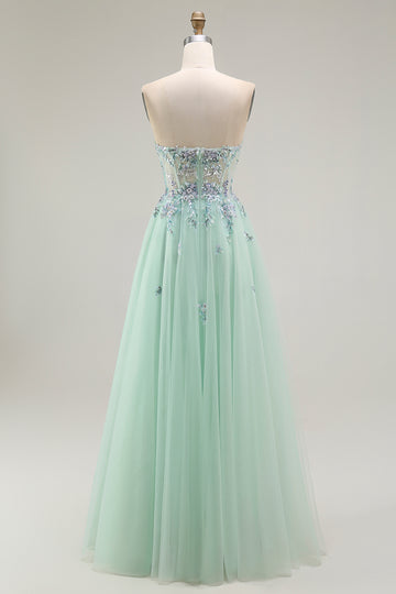 Green A-Line Strapless Tulle Sheer Corset Long Prom Dress with Appliques